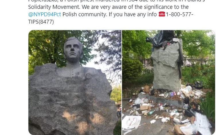 Antypolskie hasła i worek na głowie. W Nowym Jorku zdewastowano pomnik ks. Popiełuszki