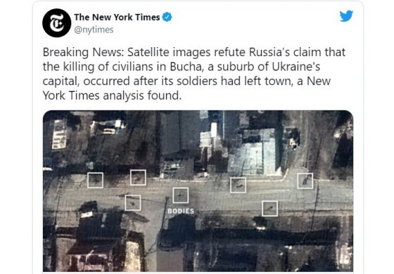 NYT: Zdjęcia satelitarne obalają rosyjską wersję, że zabójstwa w Buczy miały miejsce po wycofaniu jej wojsk 