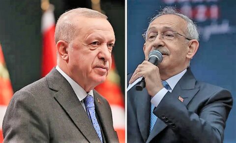 Kolorowa fotografia konkurentów w II turze wyborów prezydenckich w Turcji: Recep Tayyip Erdogan i Kemal Kilicdaroglu