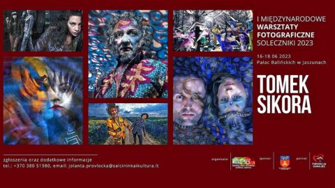 Kolorowy plakat zapraszający na I Międzynarodowe Warsztaty Fotograficzne Soleczniki 2023, które odbędą się w Pałacu Balińskich w Jaszunach, w dniach 16–18 czerwca 2023 roku