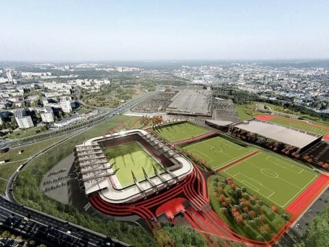 Kolorowa wizualizacja projektu Stadionu Narodowego, który wzniesiony zostanie w Wilnie, w dzielnicy Szeszkinia