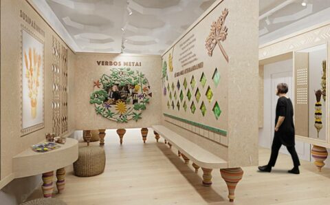 Kolorowa wizualizacja sali ekspozycyjnej Muzeum Palm w dworze w Mazuryszkach