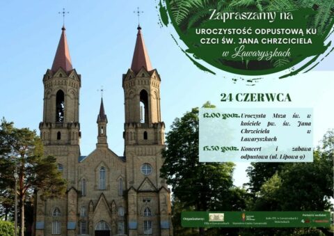 Kolorowa fotografia fragmentu plakatu zapraszającego na uroczystości odpustowe ku czci św. Jana Chrzciciela w Ławryszkach, 24 czerwca 2023 roku