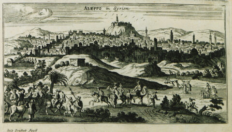 Czarno-biała panorama Aleppo na rycinie z końca XVII wieku