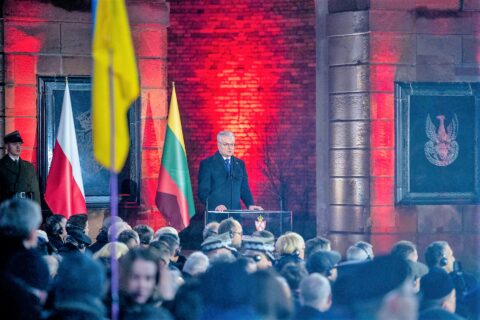 Prezydent Litwy Gitanas Nausėda podczas uroczystości z okazji 160. rocznicy wybuchu Powstania Styczniowego w Warszawie, 22 stycznia 2023 roku