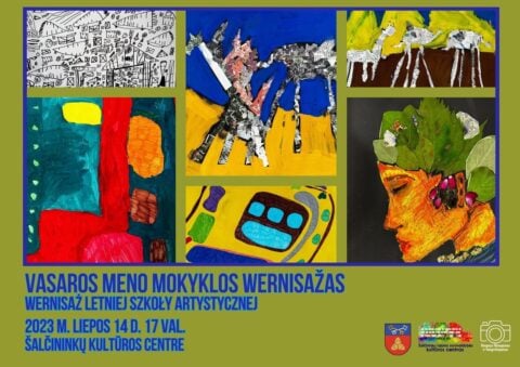 Kolorowy plakat zapraszający na wernisaż prac XX Letniej Szkoły Artystycznej w Solecznikach, w Centrum Kultury w Solecznikach (ul. Wileńska 48)