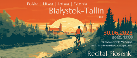 Kolorowy plakat zapraszający na „Białystok–Tallin Tour 2023”