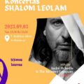 Kolorowy plakat zapraszający na koncert „Shalom Leolam” w wykonaniu André Ochodlo & „The Klezmer Company” (Polska), który odbędzie się w niedzielę 3 września 2023 r., o godz. 13:30, na Placu V. Kudirkos w Wilnie