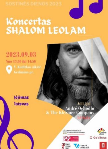 Kolorowy plakat zapraszający na koncert „Shalom Leolam” w wykonaniu André Ochodlo & „The Klezmer Company” (Polska), który odbędzie się w niedzielę 3 września 2023 r., o godz. 13:30, na Placu V. Kudirkos w Wilnie