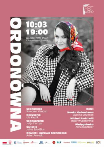 Kolorowy plakat zapraszający na spektakl Polskiego Teatru Studio w Wilnie pt. „Ordonówna”, którego premiera odbyła się 16 maja 2023 roku, w Wileńskim Teatrze Starym l24.lt