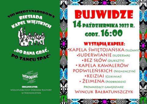 Kolorowy plakat zapraszający na VIII Międzynarodową Biesiadę Kapel Wiejskich „Do rana grać, po tańcu spać!” w Niemenczynie, w sobotę 14 października 2023 roku l24.lt