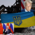 Żołnierze z flagą Ukrainy, Trump i Putin