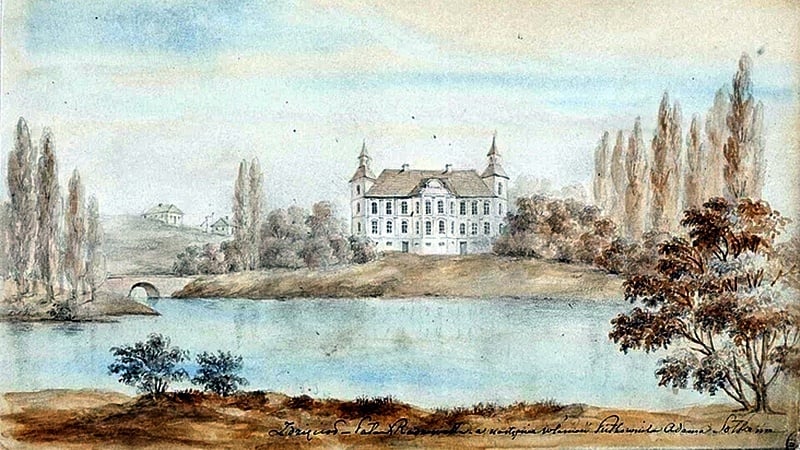 Pałac w Zdzięciole na rycinie Napoleona Ordy z II połowy XIX wieku. Muzeum Narodowe w Krakowie. Wikimedia Commons - domena publiczna.