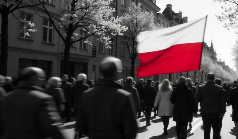 Ludzie pod biało-czerwoną flagą.