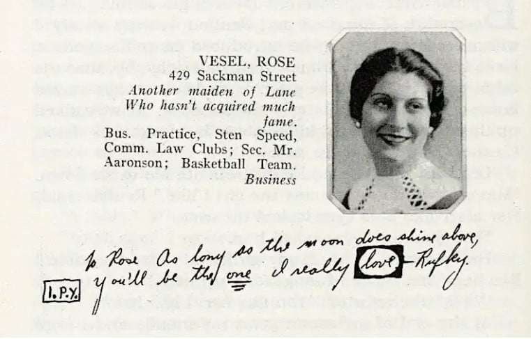 Zdjęcie ze szkolnego albumu Rosy z wpisem Reubena deklarującego jej miłość, 1935 r. Źródło: generalmills.com