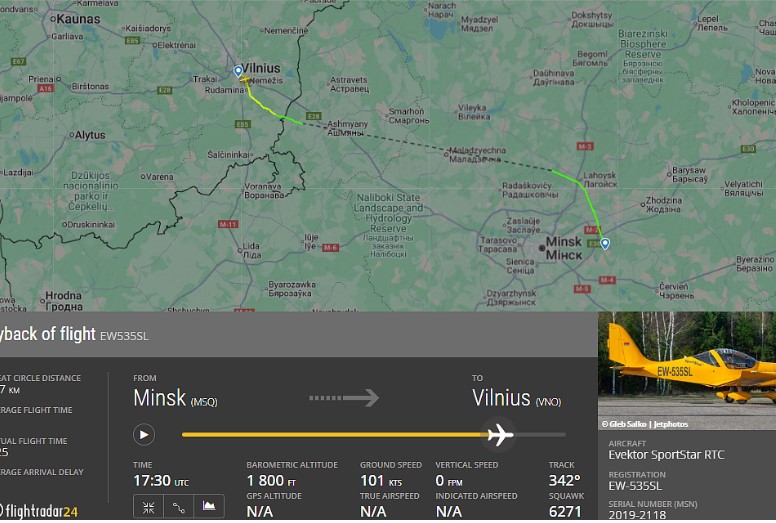 W Wilnie – samolot Evektor SportStar RTC, który regularnie lata z Białorusi | Zdjęcie: Flightradar24.com