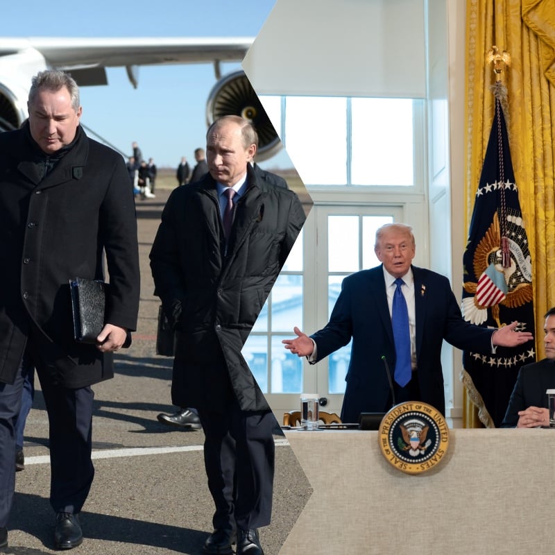 Rogozin i Putin/Donald Trump podczas narady w Białym Domu