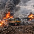 Atak dronów na kolej. Obraz wygenerowany przez AI